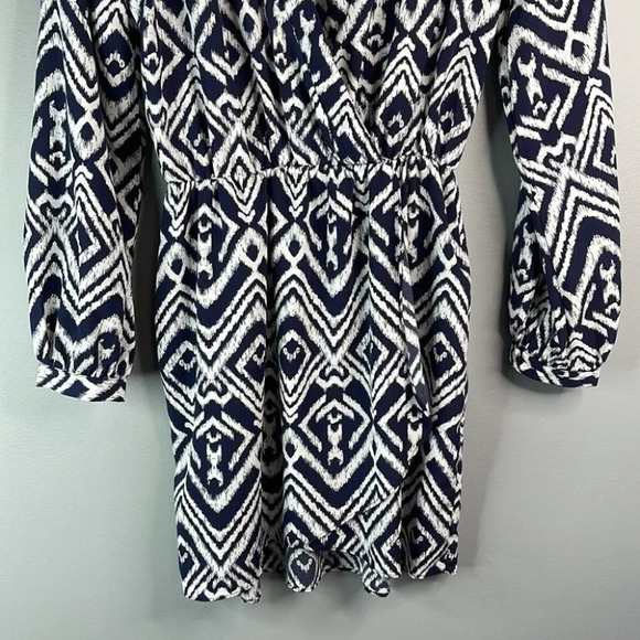 HONEY BELLE Print Crossover Mini Dress Navy Print V-neck Long Sleeve Boho Size S - Picture 4 of 12